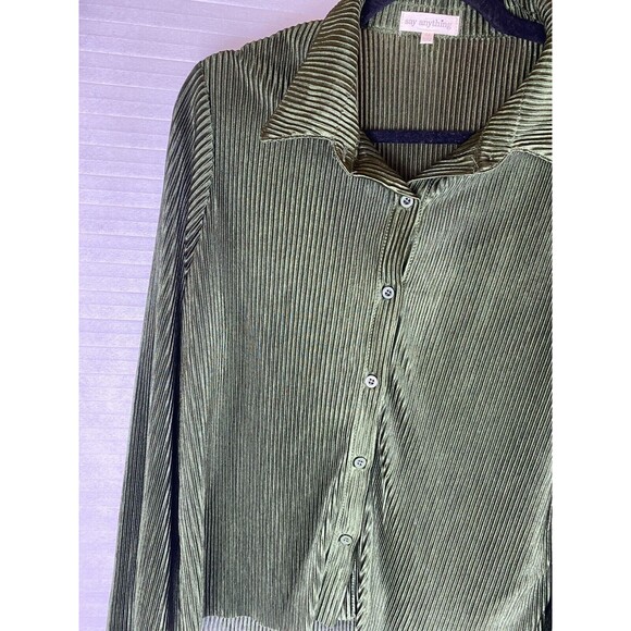 Say Anything 2pc Top Pants Sz M Olive Green Ribbed Long Sleeve Button Down Sheer - Picture 2 of 14
